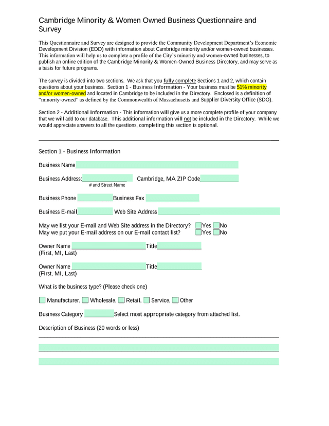 Cambridge Minority  Women Owned Business Questionnaire And Survey screenshot