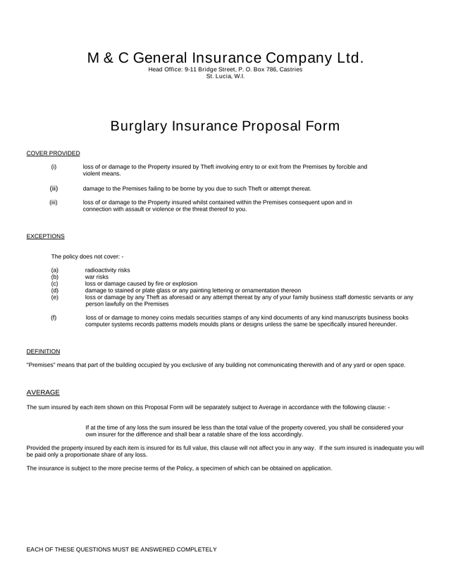 Burglary Insurance Proposal Form screenshot