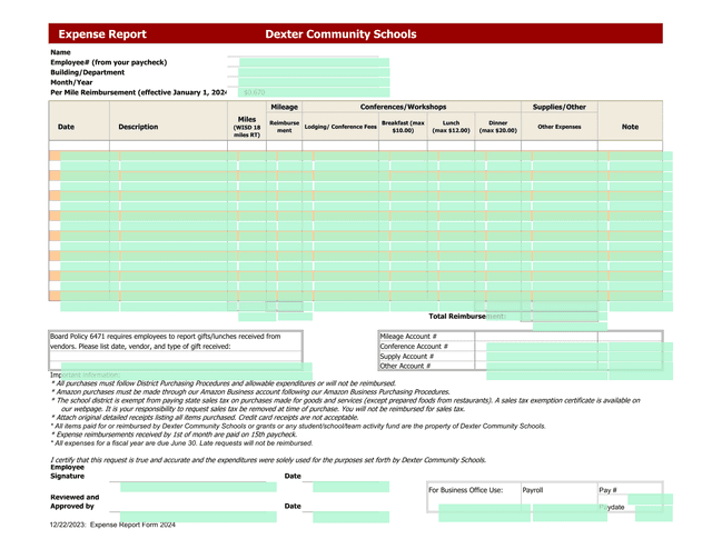 Expense Report Form 2024 screenshot