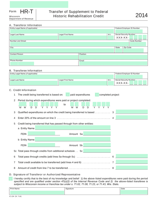 Form HR T Transfer Of Supplement To Federal Historic Rehabilitation Credit screenshot