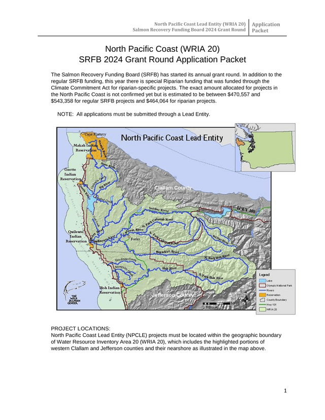 North Pacific Coast Lead Entity (WRIA 20) Salmon Recovery Funding Board 2024 Grant Round Application screenshot
