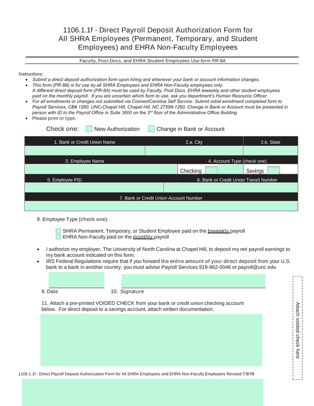 1106.1.1f   Direct Payroll Deposit Authorization Form For All SHRA Employees (Permanent, Temporary,  screenshot