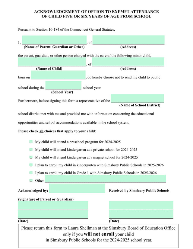 Acknowledgement Of Option To Exempt Attendance Of Child Five Or Six Years Of Age From School screenshot