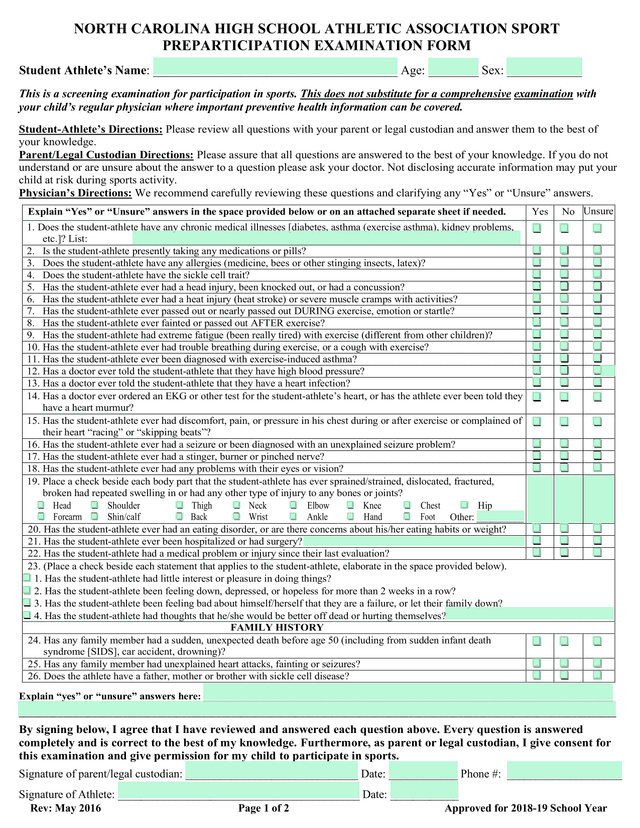 North Carolina High School Athletic Association Sport Preparticipation Examination Form screenshot