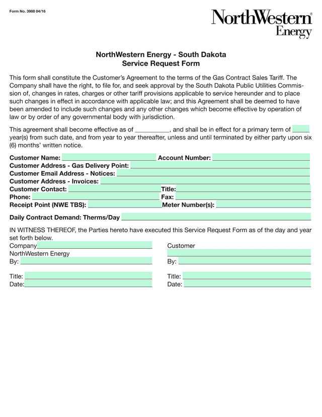 NorthWestern Energy   South Dakota Service Request Form screenshot