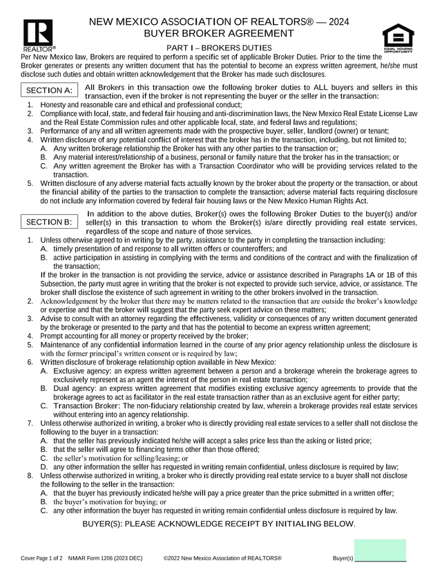 NEW MEXICO ASSOCIATION OF REALTORS  2024 BUYER BROKER AGREEMENT screenshot