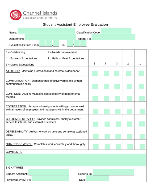 Student Assistant Employee Evaluation screenshot