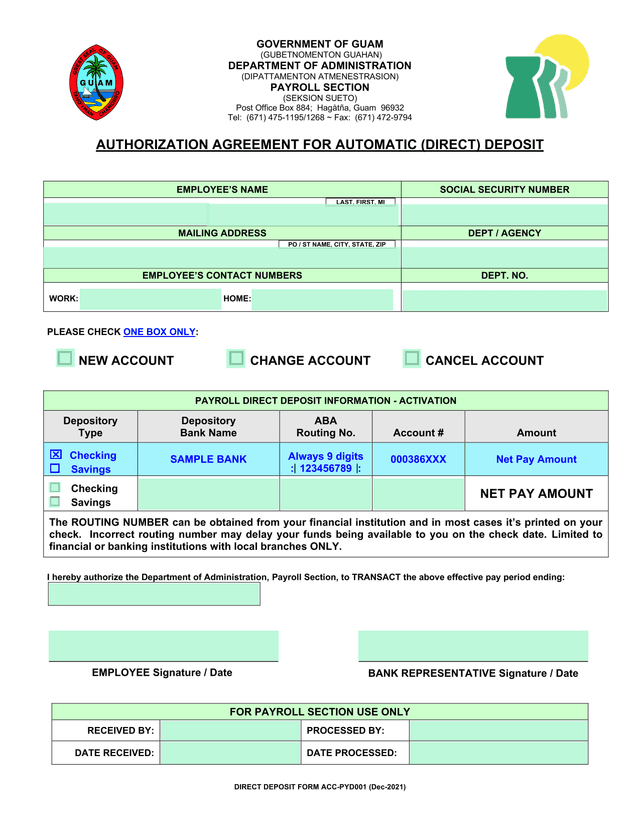 Direct Deposit Form ACC PYD001 screenshot
