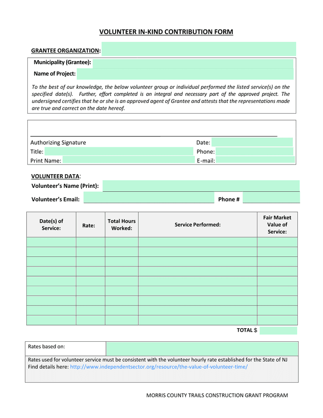 Morris County Trails Construction Grant Program Volunteer In Kind Contribution Form screenshot