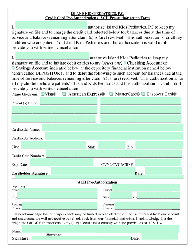 Credit Card Pre Authorization  ACH Pre Authorization Form screenshot