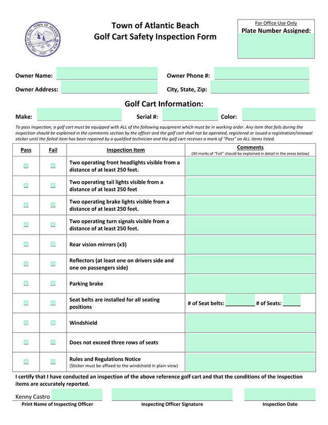 Golf Cart Safety Inspection Form screenshot