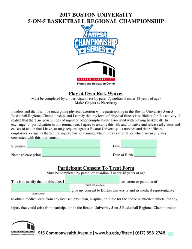 Play At Own Risk Waiver And Participant Consent To Treat Form screenshot