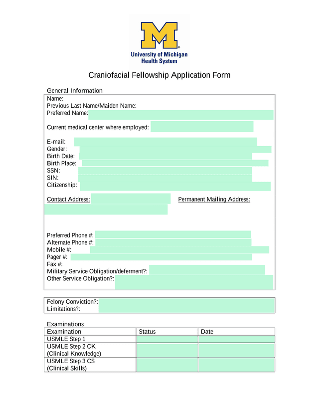 Craniofacial Fellowship Application Form screenshot