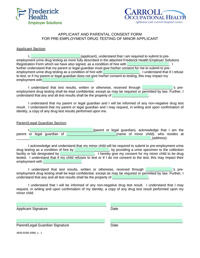 Applicant And Parental Consent Form For Pre Employment Drug Testing Of Minor Applicant screenshot