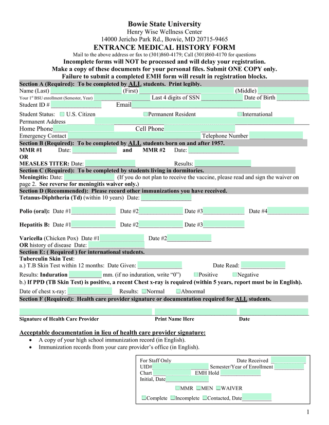 Entrance Medical History Form screenshot