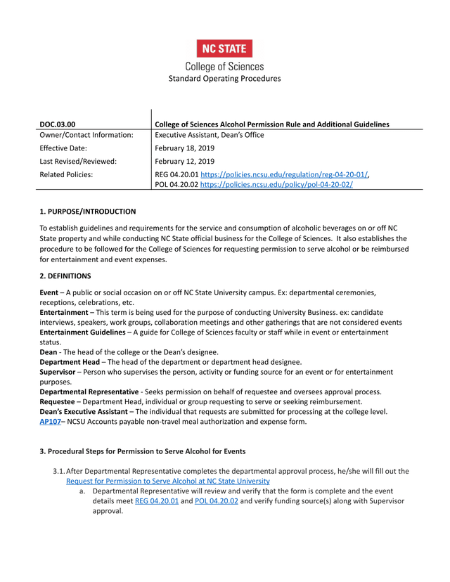 DOC.03.00 College Of Sciences Alcohol Permission Rule And Additional Guidelines screenshot