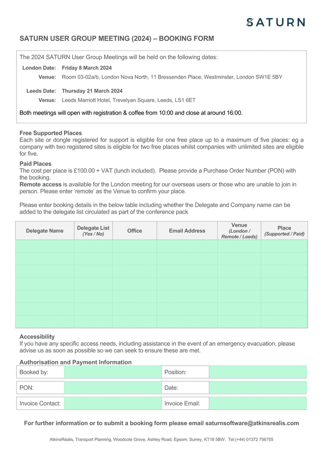 SATURN User Group Meeting (2024)  Booking Form screenshot