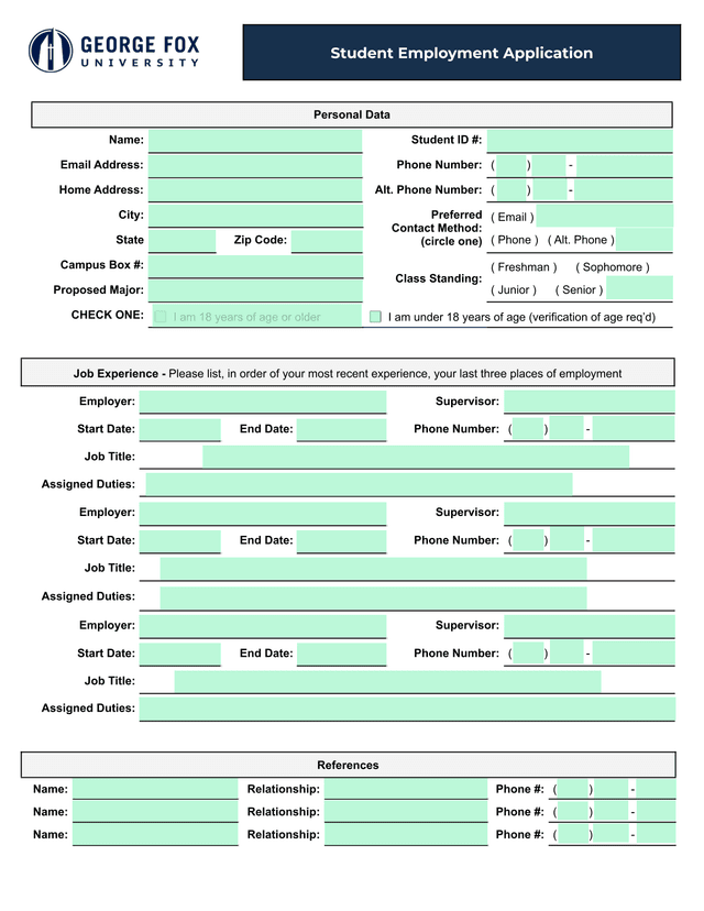 Student Employment Application screenshot