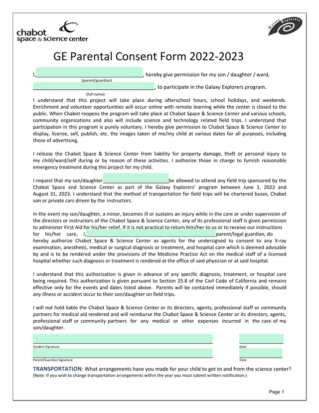 Galaxy Explorers Program Participation Consent And Medical Authorization Form screenshot