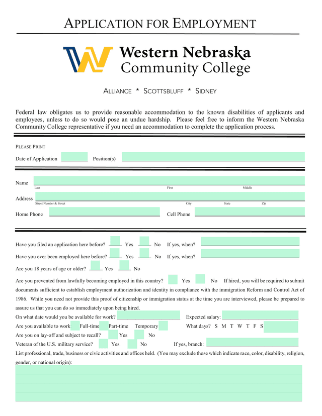 APPLICATION FOR EMPLOYMENT screenshot