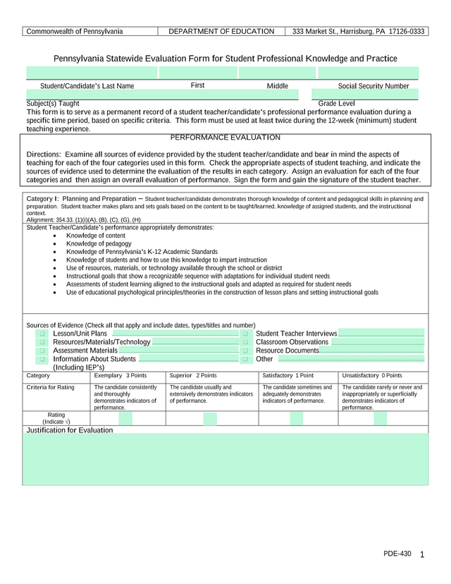 Pennsylvania Statewide Evaluation Form For Student Professional Knowledge And Practice screenshot