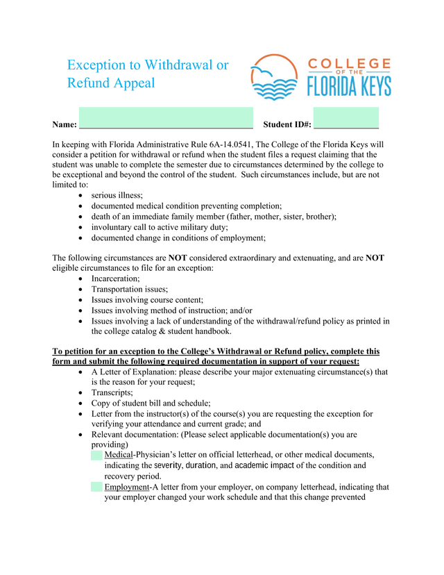 Exception To Withdrawal Or Refund Appeal screenshot
