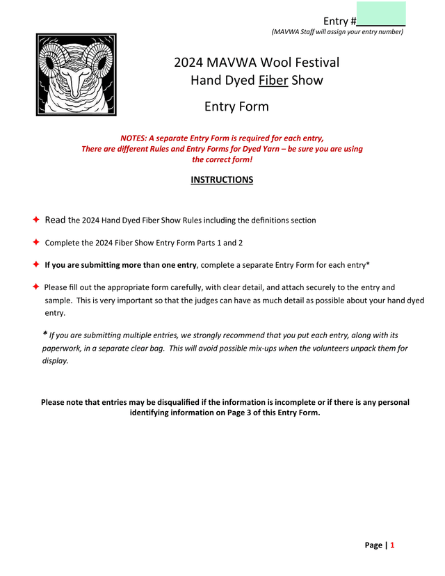 2024 MAVWA Wool Festival Hand Dyed Fiber Show Entry Form screenshot