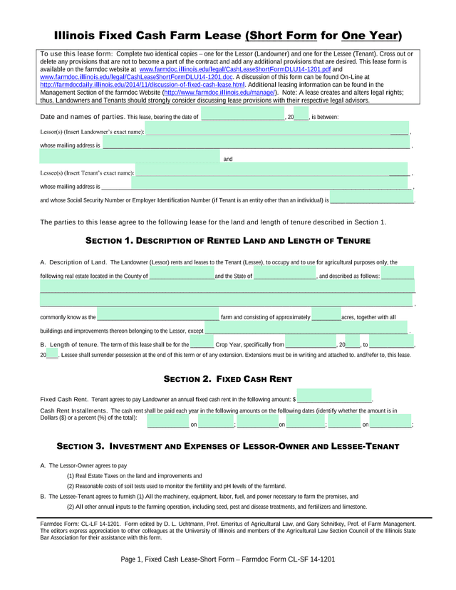 Illinois Fixed Cash Farm Lease (Short Form For One Year) screenshot