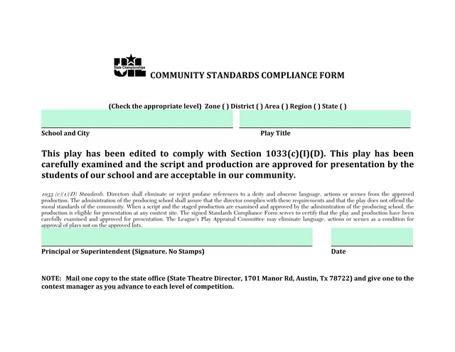 Community Standards Compliance Form screenshot