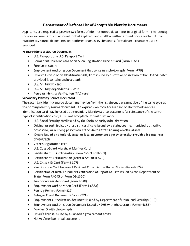 Department Of Defense List Of Acceptable Identity Documents screenshot