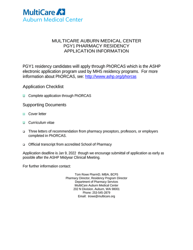 MultiCare Auburn Medical Center PGY1 Pharmacy Residency Application Information screenshot