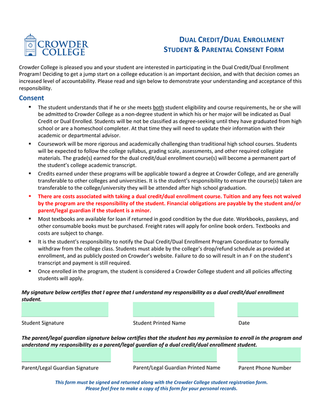 Dual CreditDual Enrollment Student  Parental Consent Form screenshot