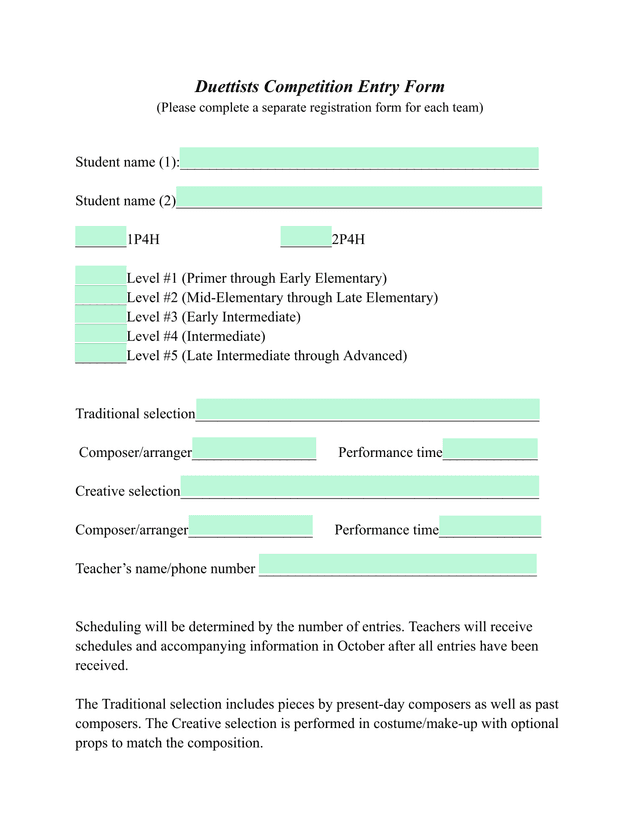 Duettists Competition Entry Form screenshot