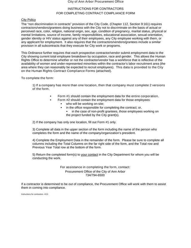 Instructions For Contractors For Completing Contract Compliance Form screenshot