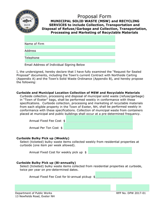 RFP No. DPW 2017 01 Proposal Form screenshot