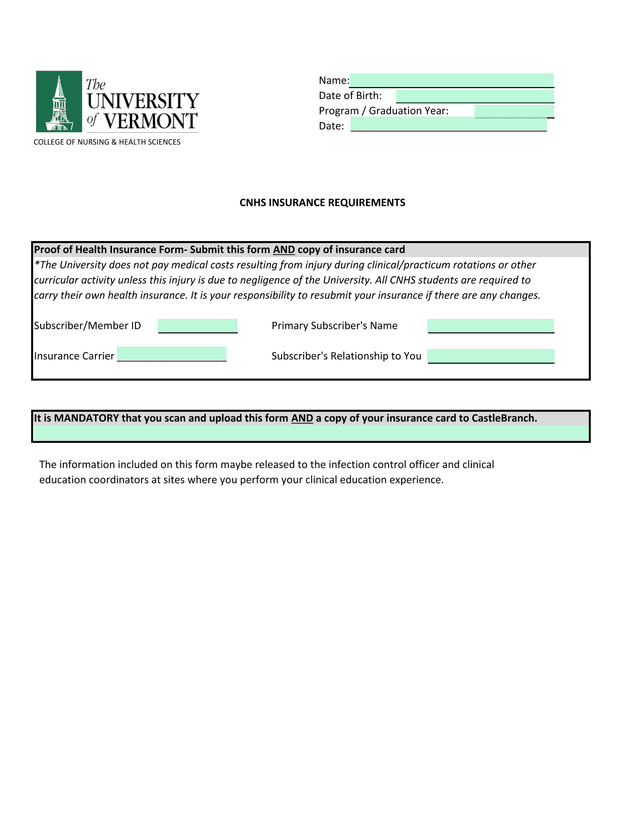 CNHS Insurance Requirements Proof Of Health Insurance Form screenshot