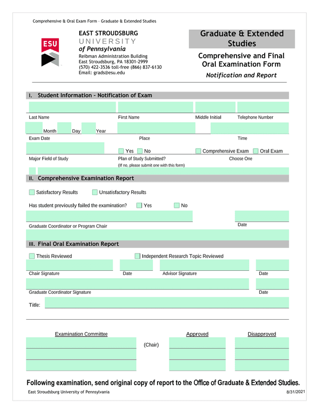 Comprehensive  Oral Exam Form  Graduate  Extended Studies screenshot