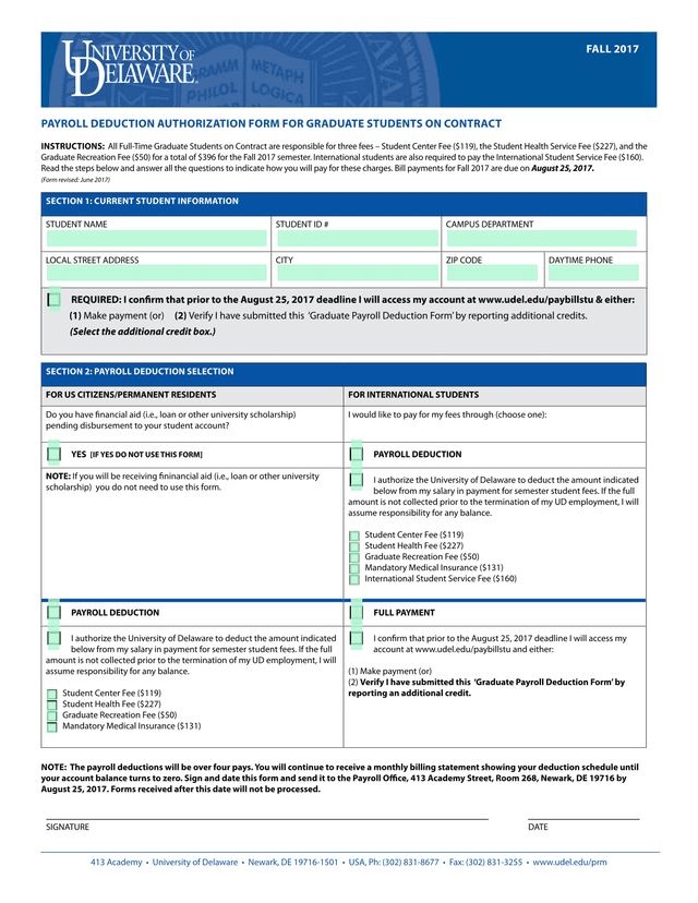 Payroll Deduction Authorization Form For Graduate Students On Contract screenshot