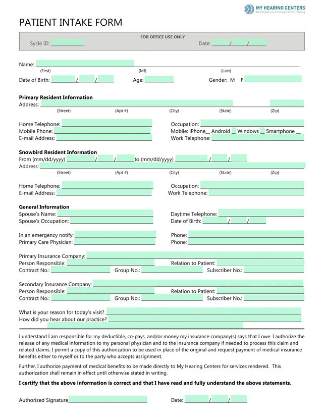 PATIENT INTAKE FORM screenshot
