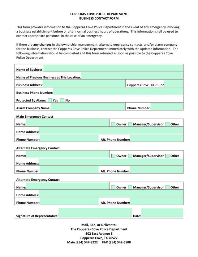 COPPERAS COVE POLICE DEPARTMENT BUSINESS CONTACT FORM screenshot