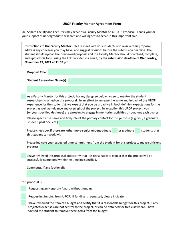 UROP Faculty Mentor Agreement Form screenshot