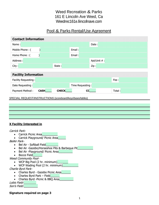 Pool  Parks RentalUse Agreement screenshot
