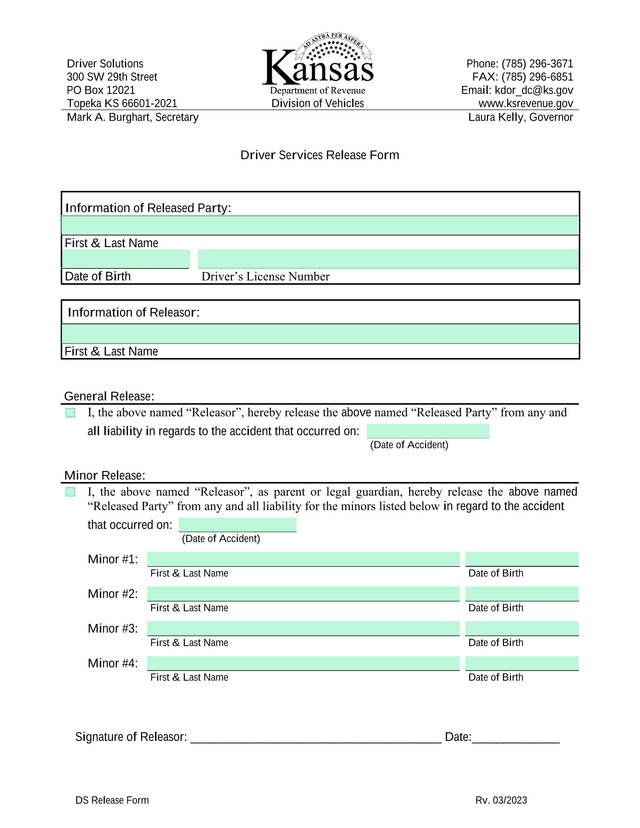 Driver Services Release Form screenshot