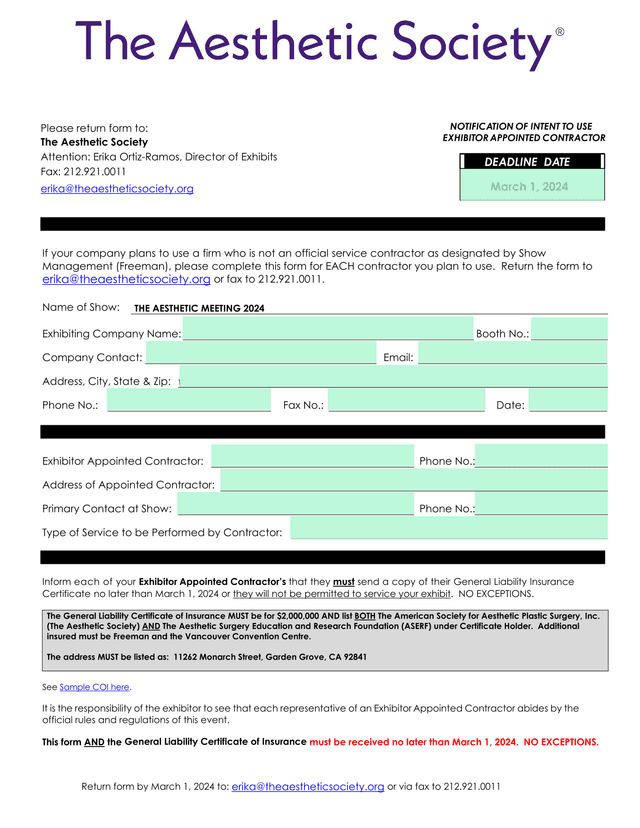 Notification Of Intent To Use Exhibitor Appointed Contractor screenshot