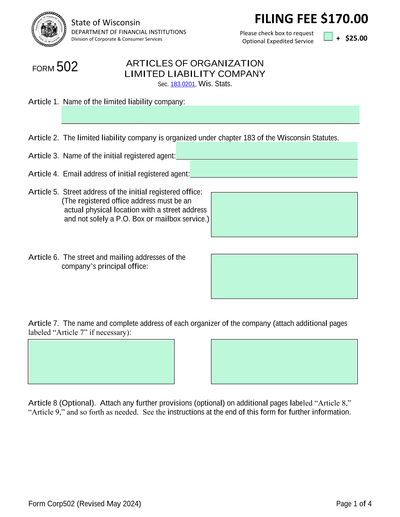 FORM 502 ARTICLES OF ORGANIZATION LIMITED LIABILITY COMPANY screenshot
