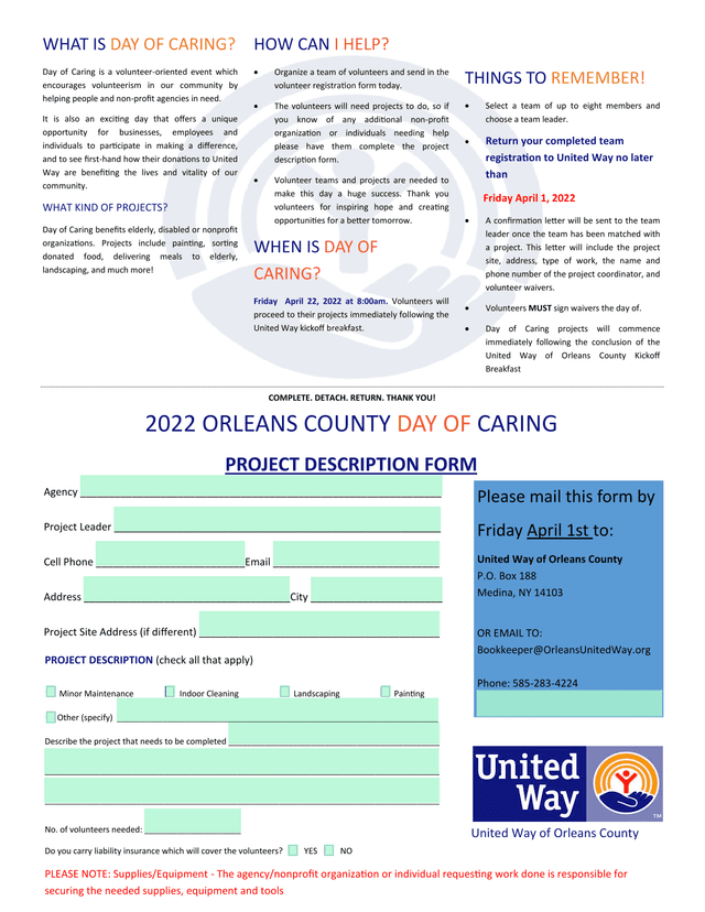 2022 Orleans County Day Of Caring Project Description Form screenshot