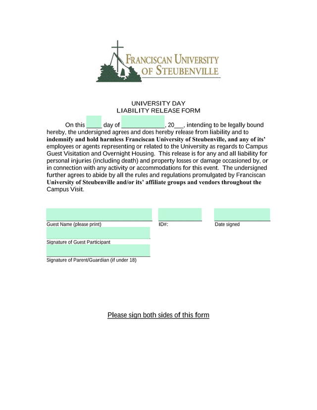 UNIVERSITY DAY LIABILITY RELEASE FORM screenshot