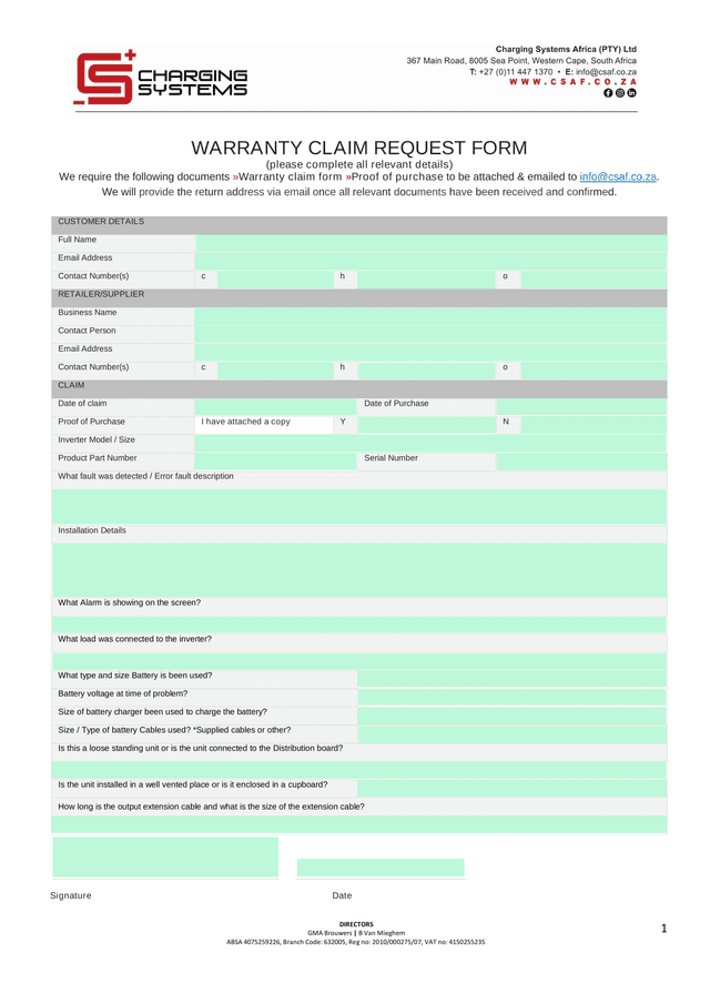 WARRANTY CLAIM REQUEST FORM screenshot