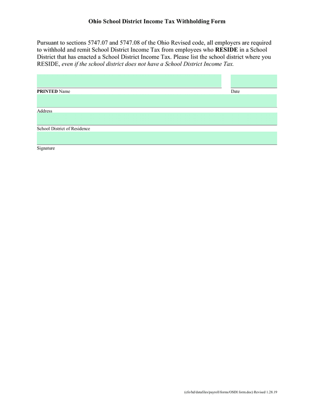 Ohio School District Income Tax Withholding Form screenshot