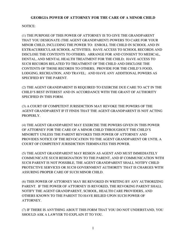 Georgia Power Of Attorney For The Care Of A Minor Child screenshot